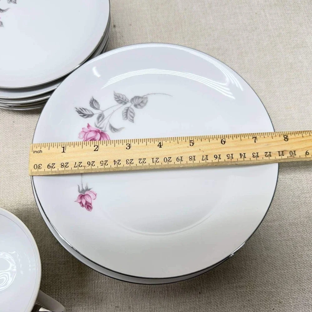 Lennold Fine China Enchanted Rose 1583 Japan Dinnerware Set Pink Floral Silver